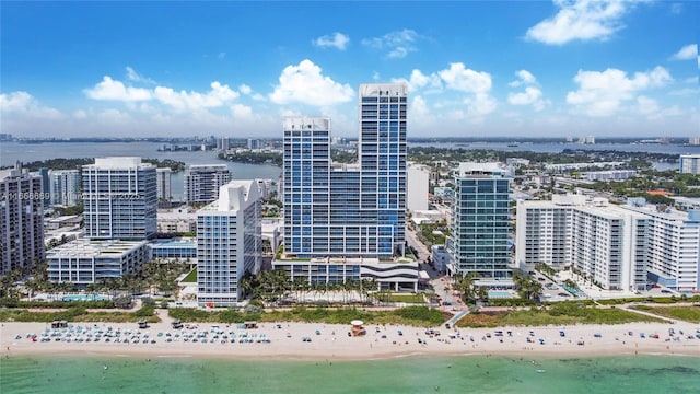 drone / aerial view with a water view and a view of the beach