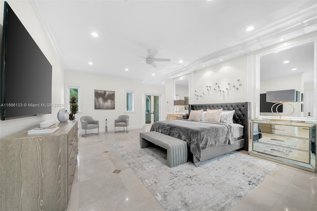 bedroom with ceiling fan and ornamental molding