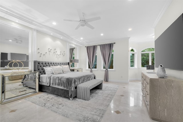 bedroom featuring ceiling fan and ornamental molding