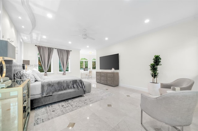 bedroom featuring ceiling fan and crown molding