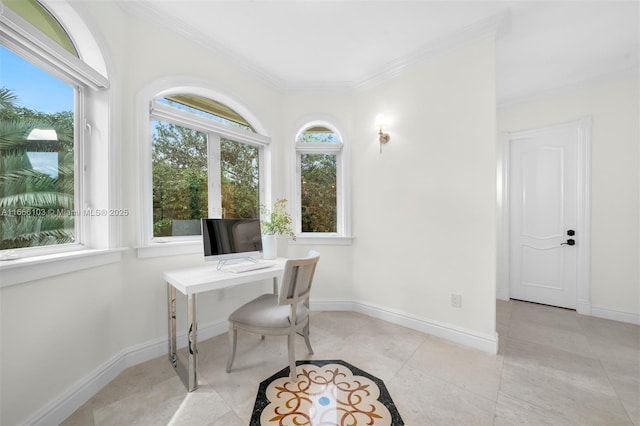 tiled office featuring crown molding