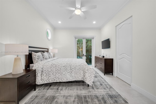 bedroom with access to outside, ceiling fan, and ornamental molding