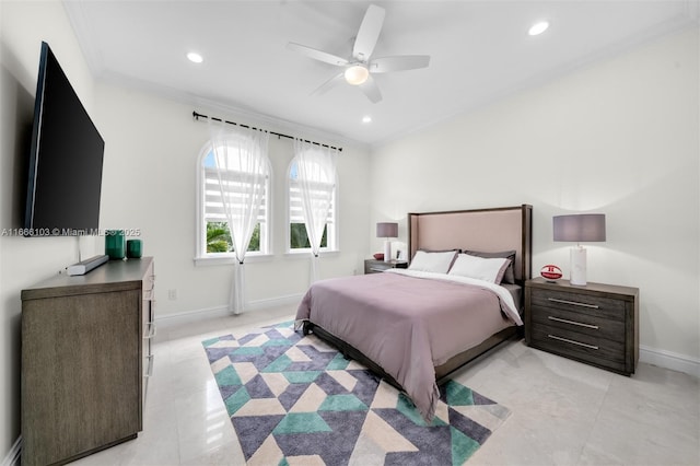 bedroom featuring ceiling fan and crown molding