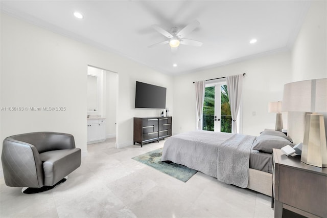 bedroom featuring connected bathroom, access to outside, ceiling fan, and ornamental molding