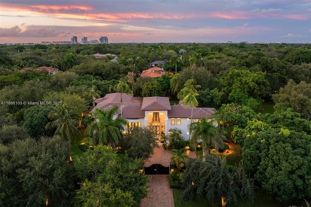 view of aerial view at dusk