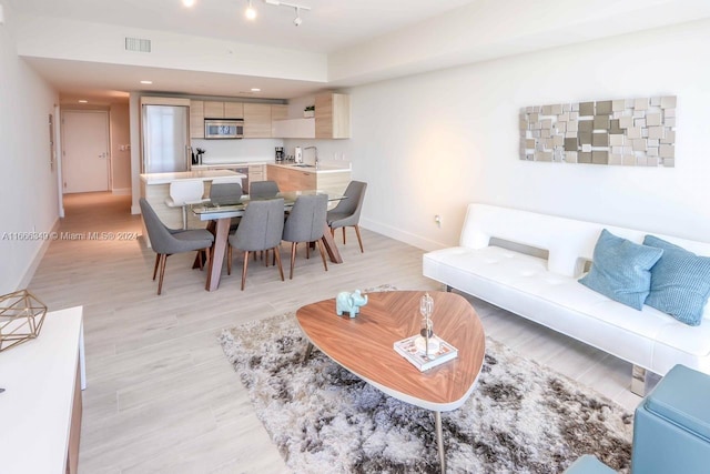 living room with light hardwood / wood-style floors and sink