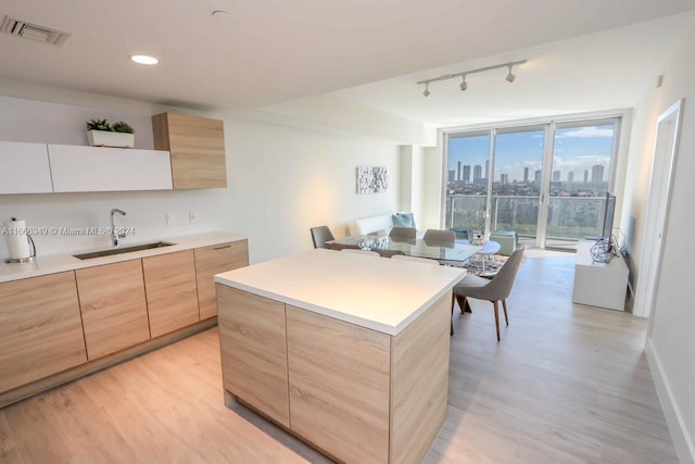 kitchen with light hardwood / wood-style floors, a center island, sink, white cabinets, and rail lighting