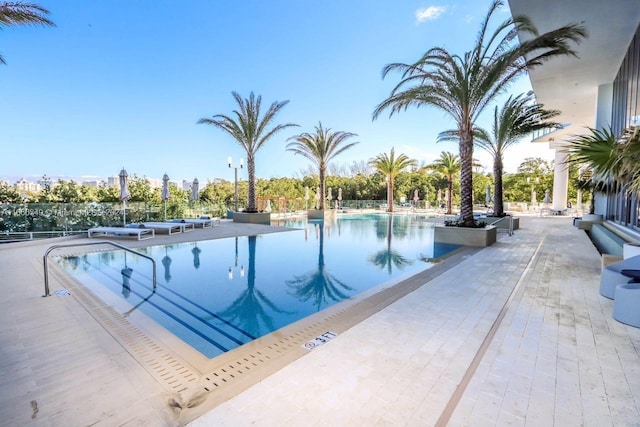 view of swimming pool featuring a patio