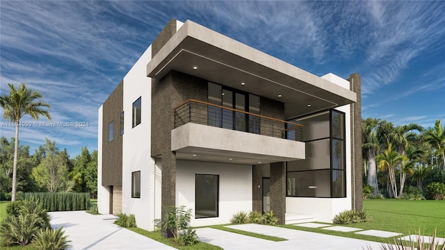 contemporary home with a front yard and a balcony