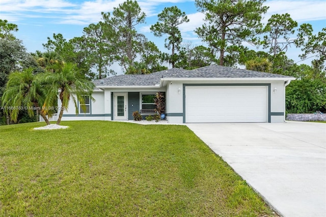 single story home with a garage and a front yard