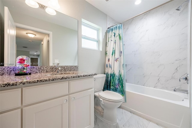 full bathroom featuring vanity, shower / bath combination with curtain, and toilet