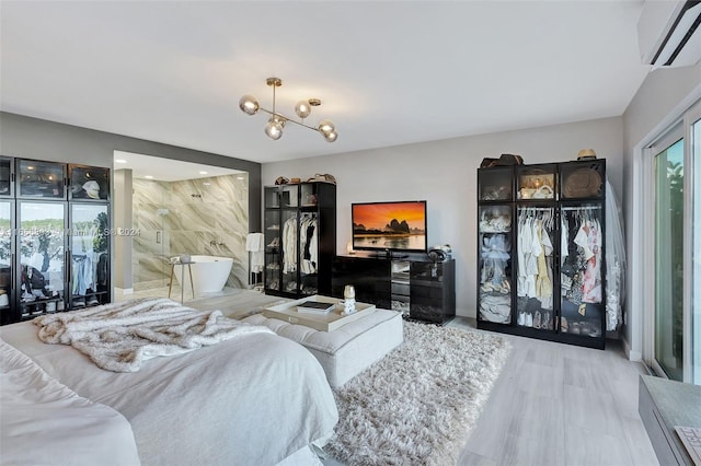 bedroom with a notable chandelier, tile walls, and a wall mounted air conditioner