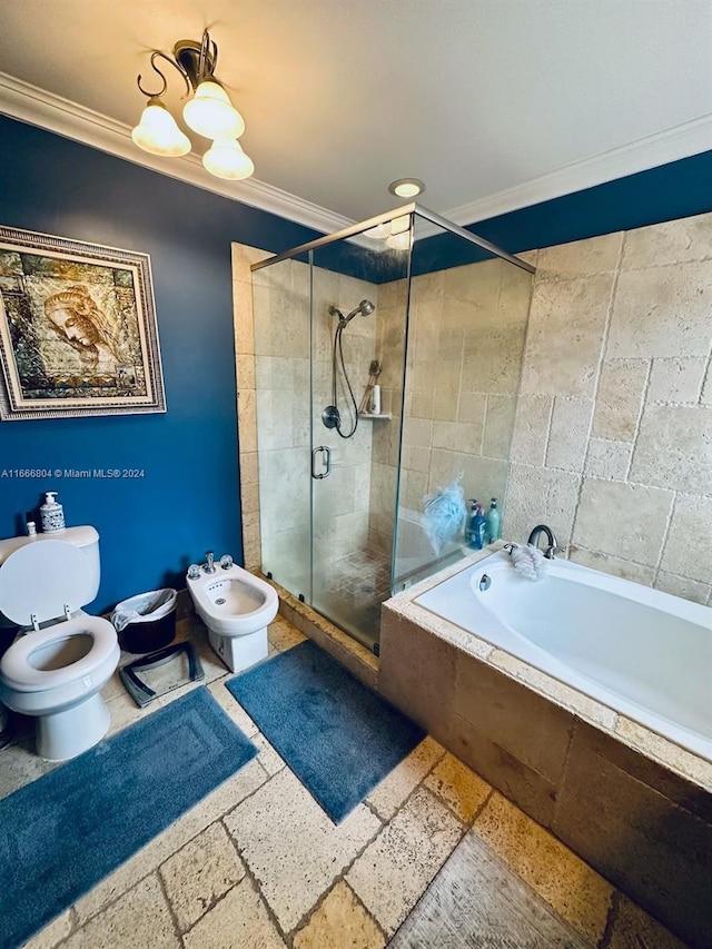 bathroom with plus walk in shower, a bidet, ornamental molding, and toilet