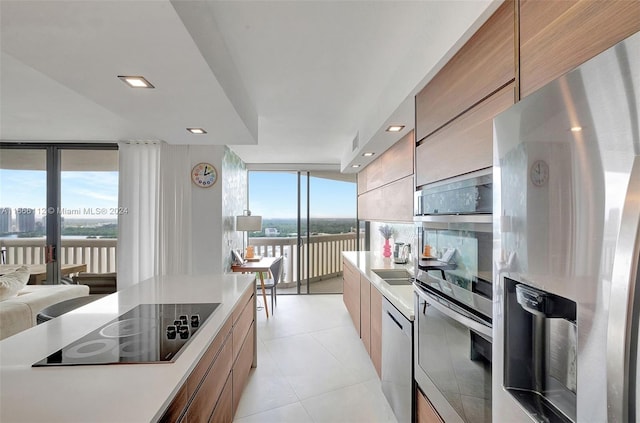 kitchen with appliances with stainless steel finishes, french doors, a wall of windows, and a wealth of natural light