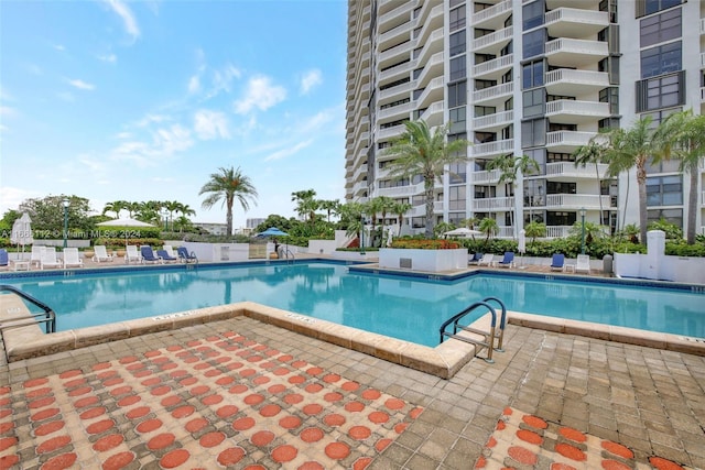 view of swimming pool with a patio area