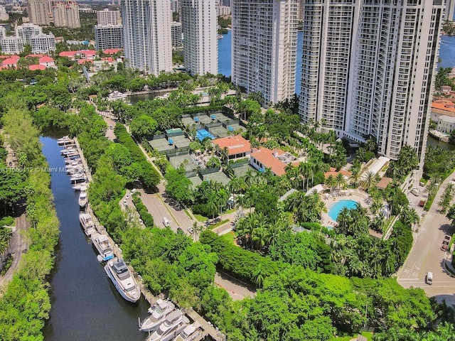 birds eye view of property featuring a water view