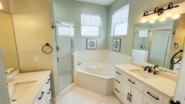 bathroom with vanity, plus walk in shower, and tile patterned flooring