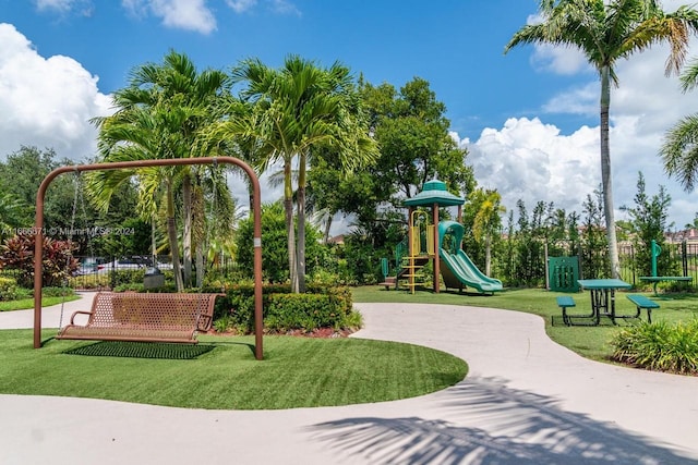 view of play area featuring a lawn