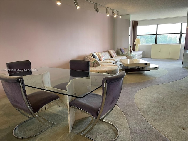 carpeted dining room featuring a textured ceiling and track lighting