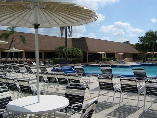 view of swimming pool featuring a patio area