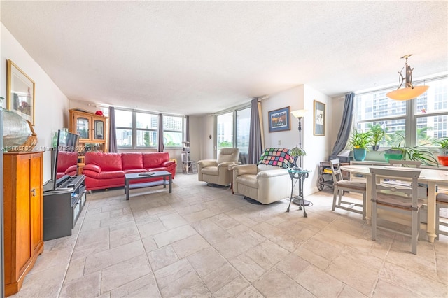 living room with a textured ceiling and stone finish floor