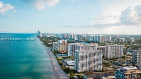 birds eye view of property with a view of city and a water view