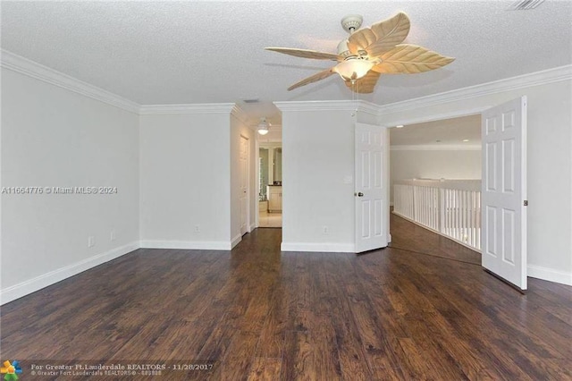 unfurnished room featuring ceiling fan, a textured ceiling, crown molding, and dark wood-type flooring