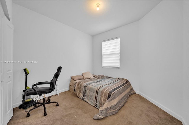 bedroom featuring light carpet