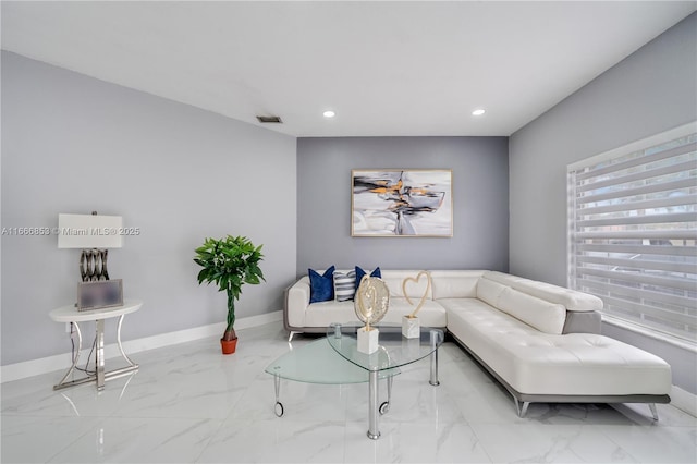 living room featuring recessed lighting, marble finish floor, visible vents, and baseboards