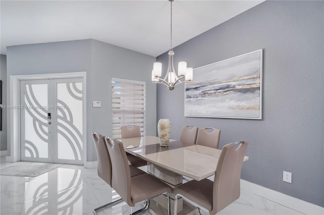 dining area with baseboards, marble finish floor, french doors, and an inviting chandelier