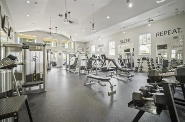 exercise room with high vaulted ceiling