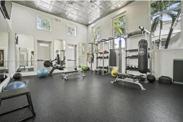 workout area featuring a towering ceiling