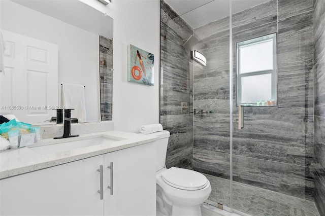 bathroom with vanity, toilet, and a shower with shower door