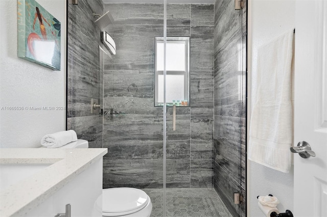 bathroom with an enclosed shower, vanity, and toilet