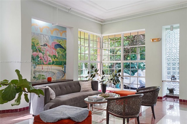 interior space featuring ornamental molding and a wealth of natural light