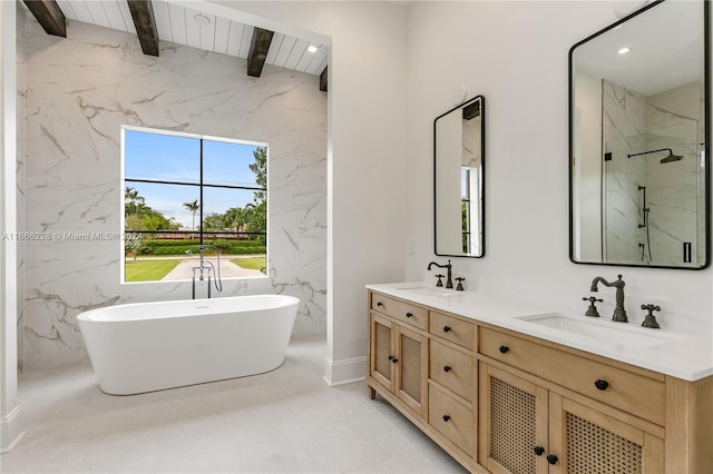 bathroom with vanity, tile walls, wooden ceiling, independent shower and bath, and vaulted ceiling with beams