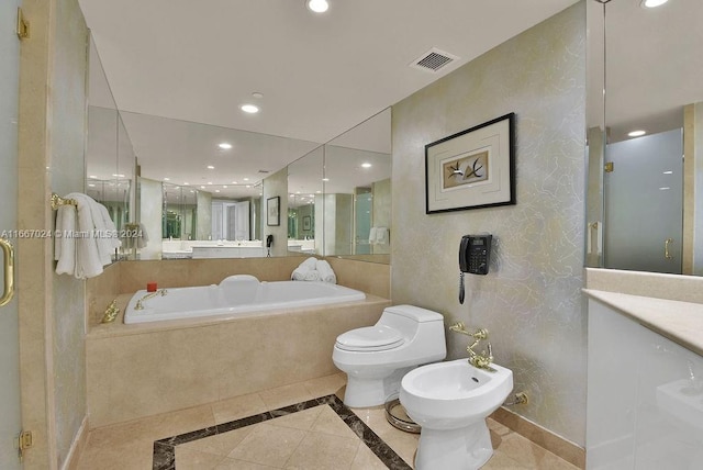 full bathroom with plus walk in shower, a bidet, tile patterned floors, vanity, and toilet