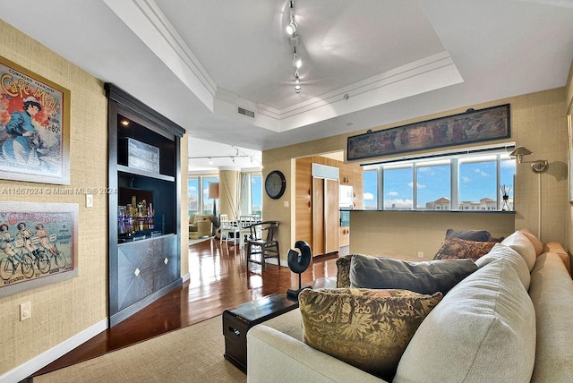 living room with wood-type flooring, a raised ceiling, plenty of natural light, and rail lighting