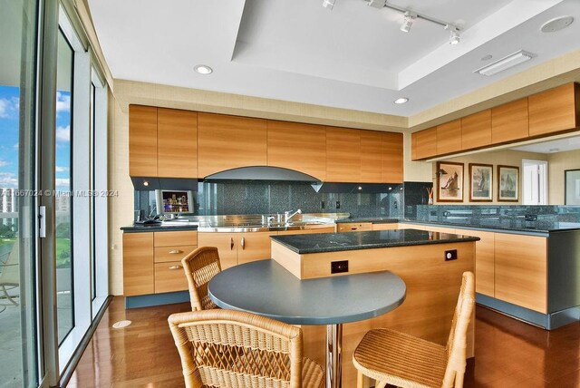 kitchen featuring decorative backsplash, a kitchen island, a tray ceiling, dark hardwood / wood-style floors, and sink