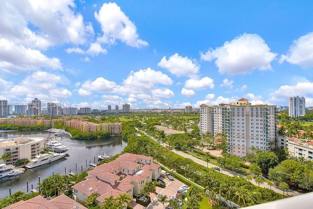 birds eye view of property featuring a city view and a water view