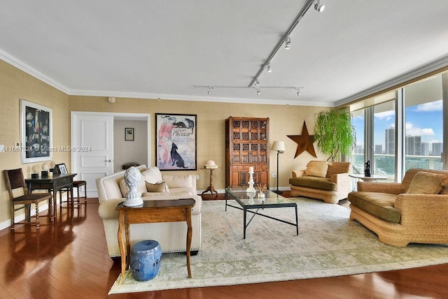 living room featuring track lighting, baseboards, a city view, hardwood / wood-style flooring, and ornamental molding