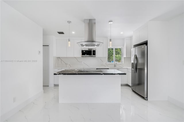 kitchen featuring stainless steel appliances, a kitchen island, white cabinets, island exhaust hood, and pendant lighting