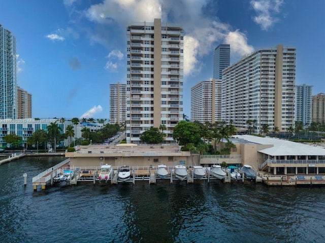 exterior space with a water view