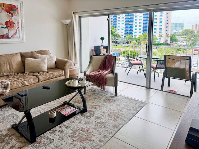 living room featuring tile patterned flooring