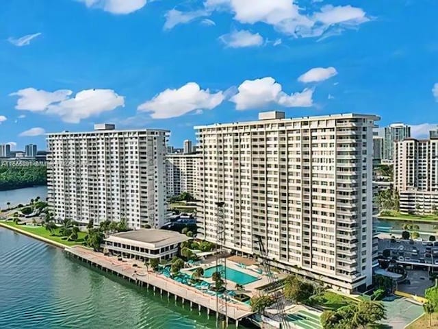 view of building exterior featuring a water view