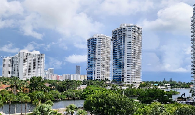 view of building exterior with a water view