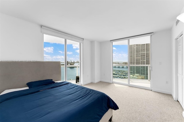 carpeted bedroom featuring multiple windows, access to outside, and a water view