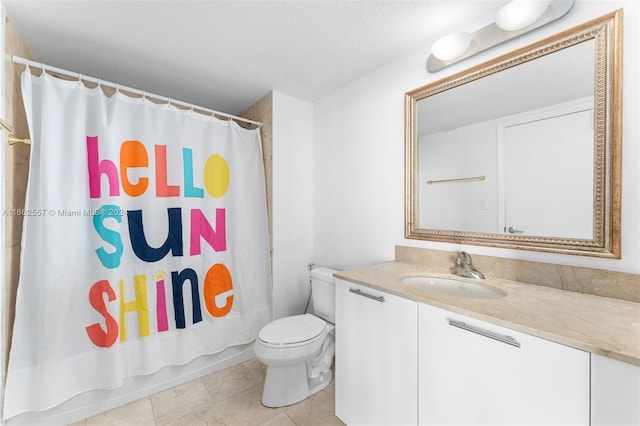 full bathroom featuring a textured ceiling, shower / bathtub combination with curtain, tile patterned floors, vanity, and toilet