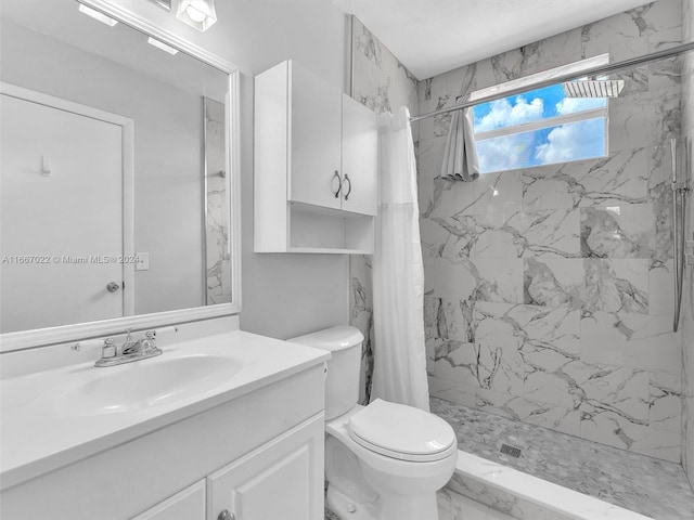 bathroom featuring vanity, toilet, and a shower with curtain