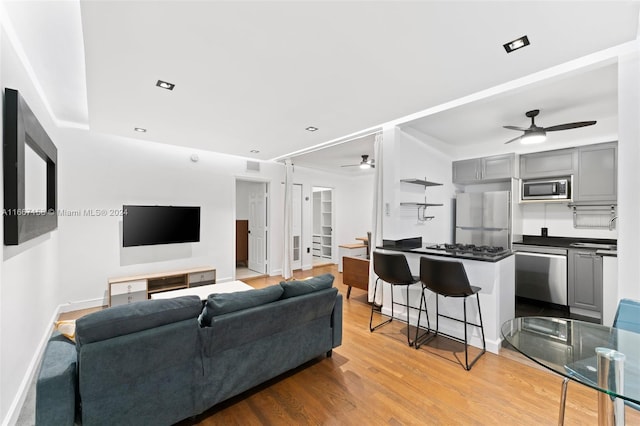 living room featuring ceiling fan, light hardwood / wood-style floors, and sink